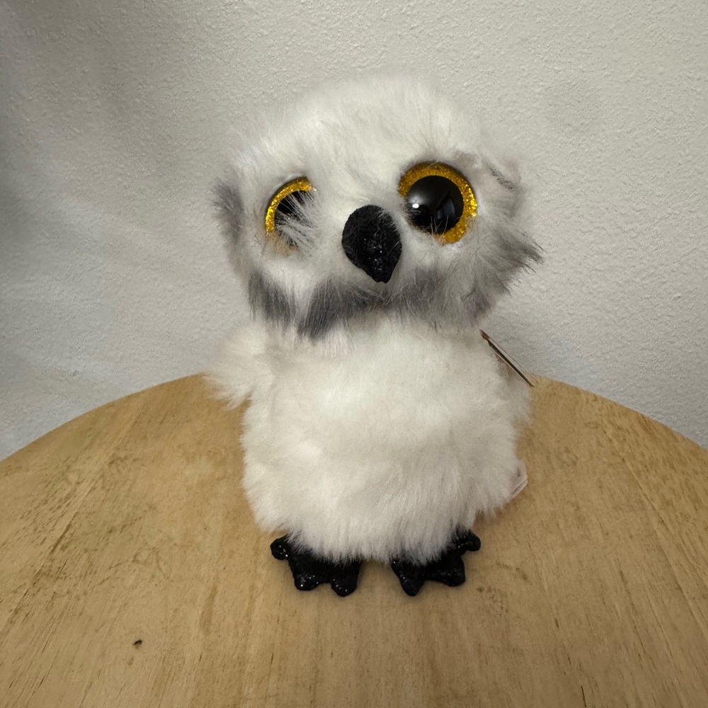 Ty Beanie Boo Austin Owl Plush White Gray Gold Eyes Collectible